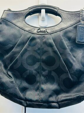 Coach Black Op Art Satin Shoulder Bag Tote Purse Metallic Trim